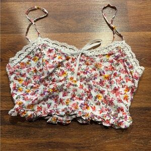 Aeropostale White Floral Lace-Trim Crop Cami with Pink & Yellow Flowers